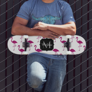 Sparkly flamingo Pink sparkles pattern Monogram Skateboard Deck