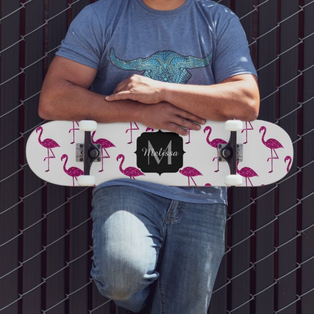 Sparkly flamingo Pink sparkles pattern Monogram Skateboard Deck (Outdoor 3)