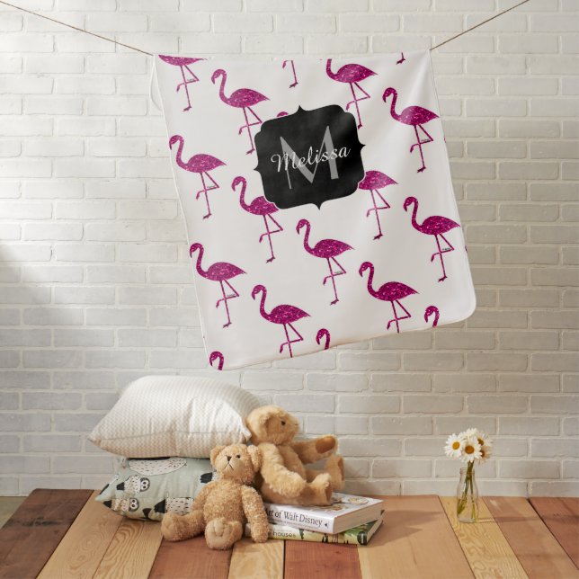 Sparkly flamingo Pink sparkles pattern Monogram Swaddle Blanket (In Situ)