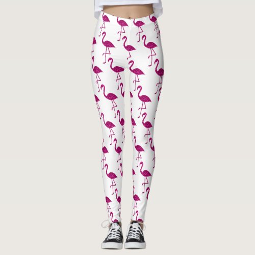 Sparkly flamingo Pink sparkles pattern white Leggings