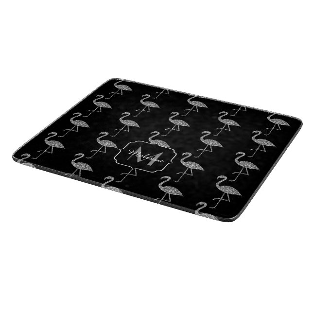 Sparkly flamingo Silver glitter pattern Monogram Cutting Board (Corner)