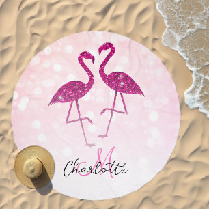 Sparkly flamingos Pink glitter sparkles Monogram Beach Towel
