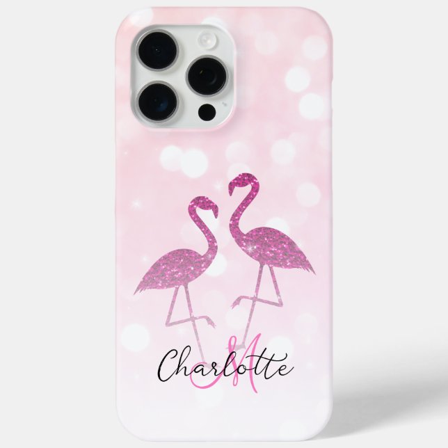 Sparkly flamingos Pink glitter sparkles Monogram Case-Mate iPhone Case (Back)