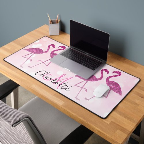 Sparkly flamingos Pink glitter sparkles Monogram Desk Mat