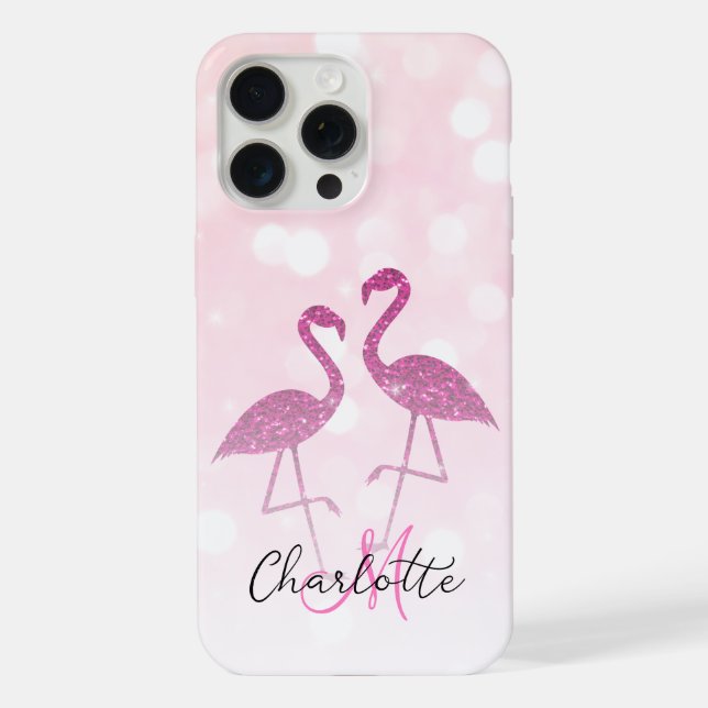 Sparkly flamingos Pink glitter sparkles Monogram iPhone Case (Back)