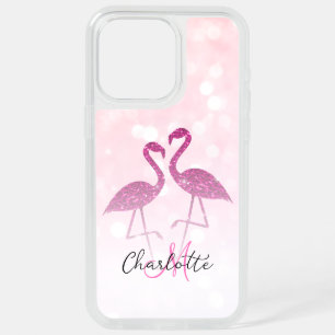 Sparkly flamingos Pink glitter sparkles Monogram iPhone 15 Pro Max Case