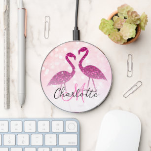 Sparkly flamingos Pink glitter sparkles Monogram Wireless Charger