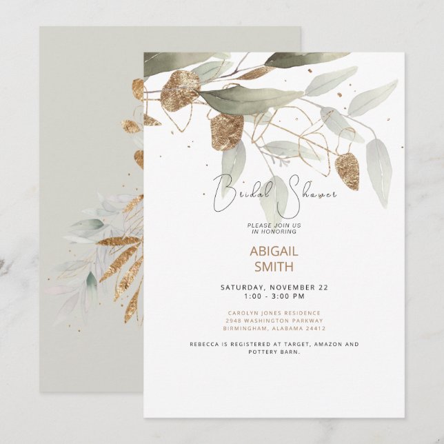 Sparkly Foliage Taupe Bridal Shower Invitation (Front/Back)