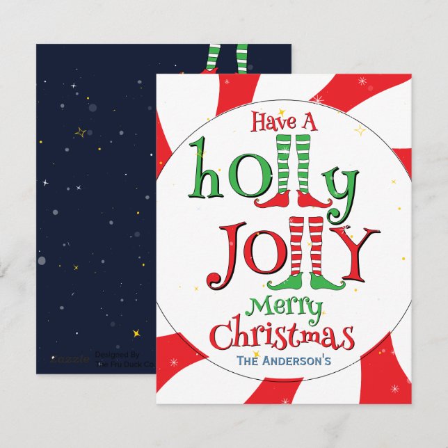 Sparkly Fun Holly Jolly Merry Christmas Elf Legs Holiday Card (Front/Back)