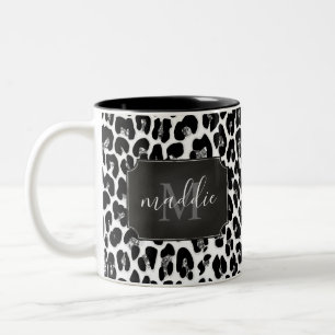 Sparkly Girly Glitter Leopard Monogrammed Name Two-Tone Coffee Mug