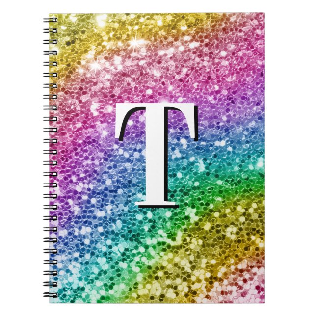 Sparkly Girly Rainbow Chunky Glitter Monogram Notebook (Front)