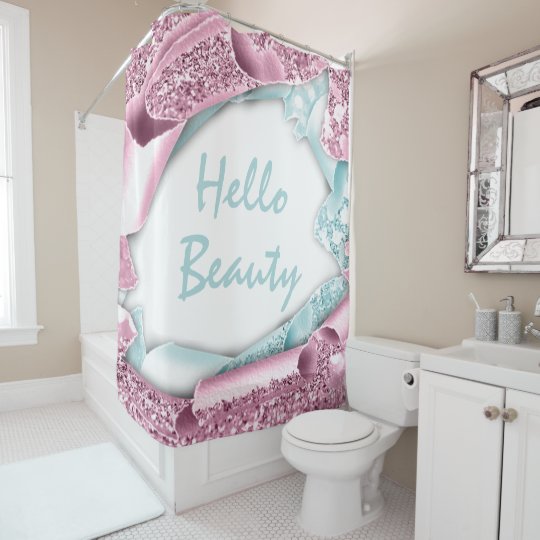 Sparkly Glitter 3D Blue Rose HELLO Girly Shower Curtain