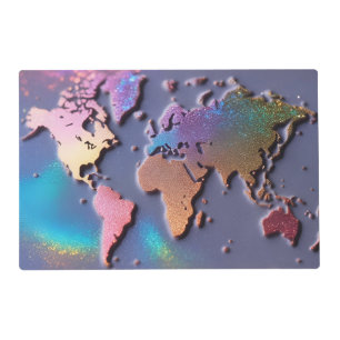 Sparkly Glitter 3D Colorful World Map  Placemat