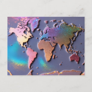 Sparkly Glitter 3D Colorful World Map Postcard
