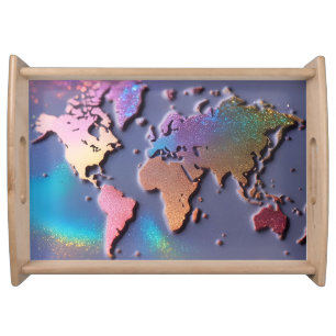 Sparkly Glitter 3D Colorful World Map Serving Tray