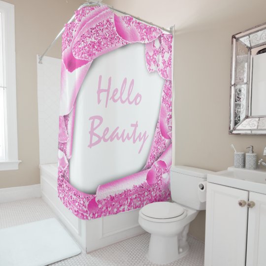 Sparkly Glitter 3D PINK ROSE HELLO Girly Shower Curtain