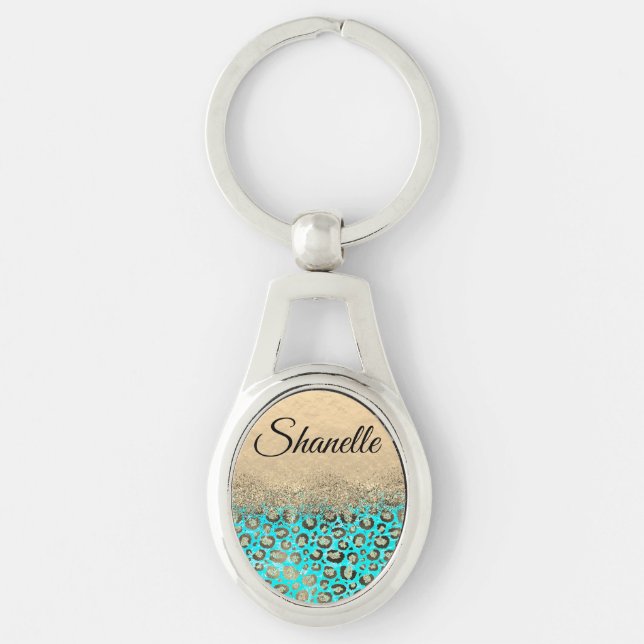 Sparkly Glitter Chic Turquoise Leopard Custom      Keychain (Front)