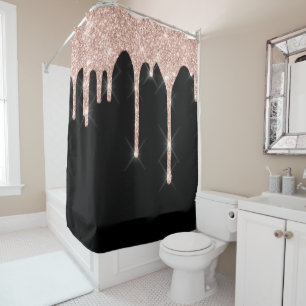 Sparkly Glitter Drips Pink Rose Gold Blush Black Shower Curtain