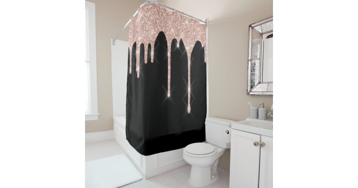 Sparkly Glitter Drips Pink Rose Gold Blush Black Shower Curtain Zazzle Com - Blush Pink Glitter Shower Curtain