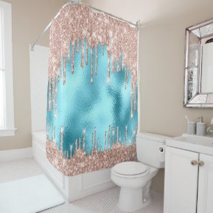 Sparkly Glitter Drips Pink Rose Gold Blush Blue Shower Curtain