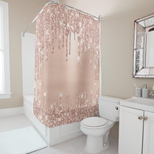 Sparkly Glitter Drips Pink Rose Gold Blush Glam Shower Curtain (In Situ)