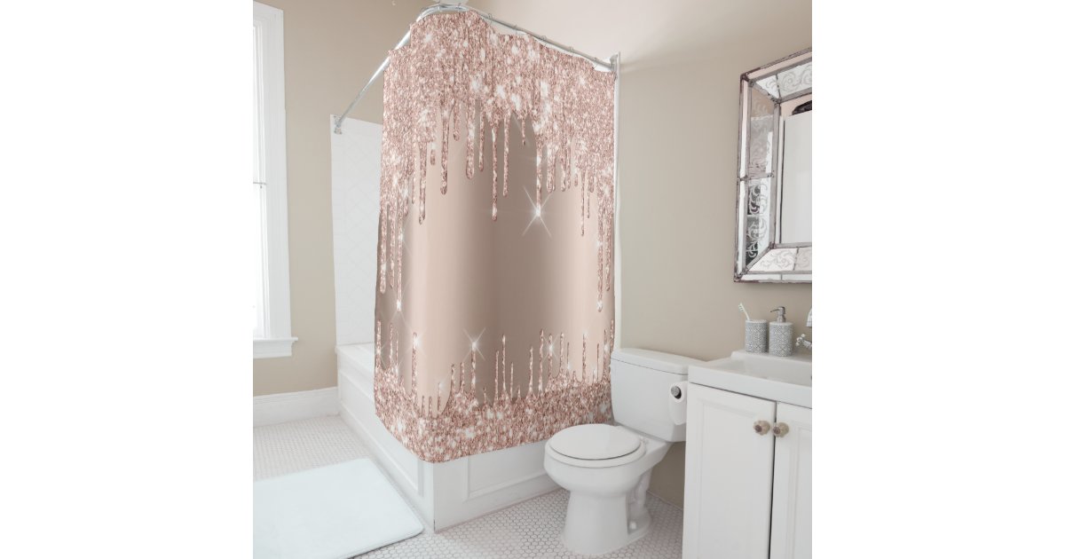 Sparkly Glitter Drips Pink Rose Gold Girly Trend Shower Curtain