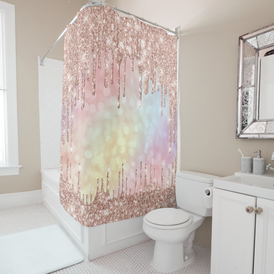Sparkly Glitter Drips Pink Rose Holographic Shower Curtain Zazzle
