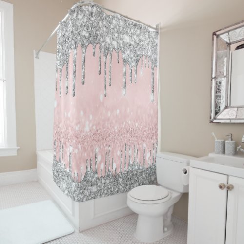 Sparkly Glitter Drips Pink Silver Gray Girly Shower Curtain