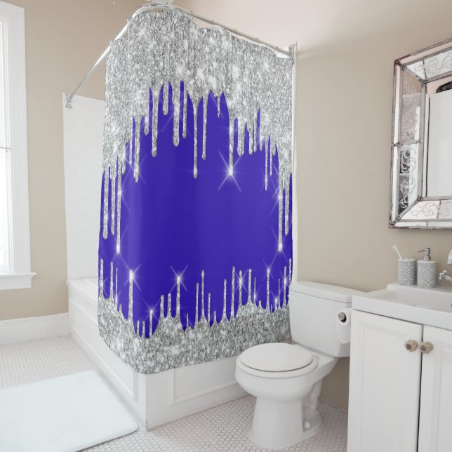 Sparkly  Glitter Drips Silver  Gray GreyRoyal Blue Shower Curtain (In Situ)