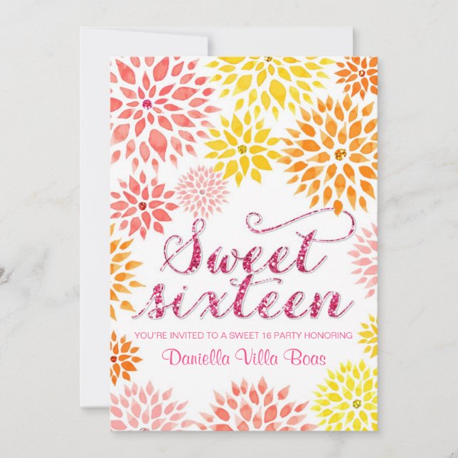 Sparkly Glitter Floral Watercolor Spring Sweet 16 Invitation (Front)