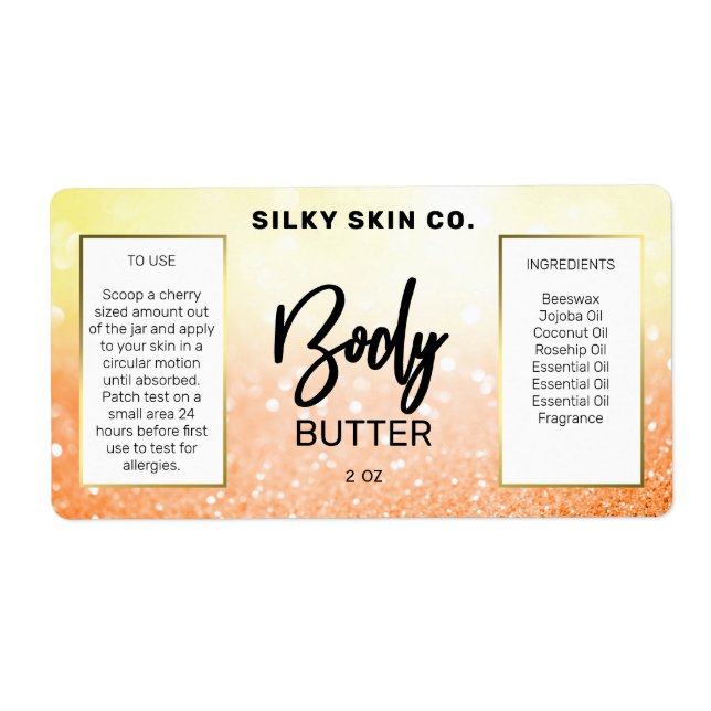Sparkly Glitter Orange Yellow Body Butter Label (Front)