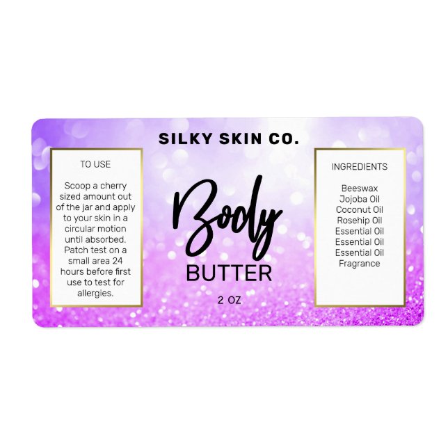 Sparkly Glitter Purple And Gold Body Butter Labels (Front)