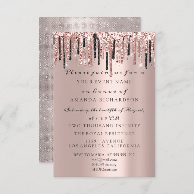Sparkly Glitter Rose Drips Classy Wedding Birthday Invitation (Front/Back)