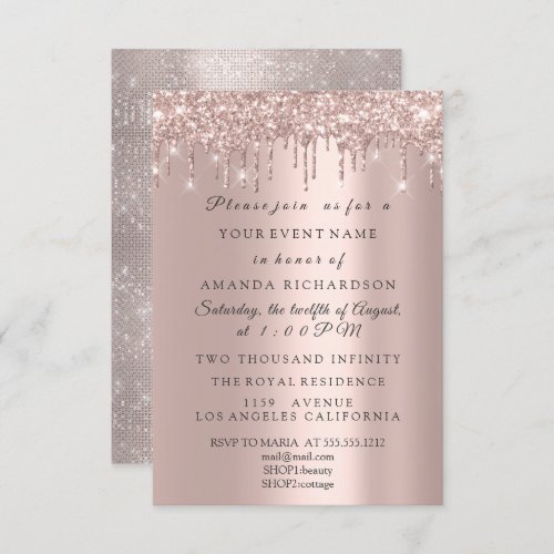 Sparkly Glitter Rose Gold Elegant Bridal Birthday Invitation