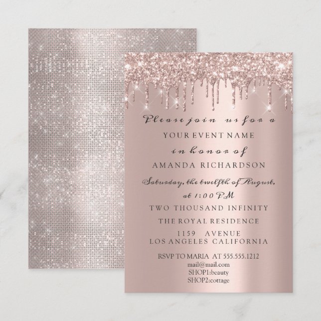 Sparkly Glitter Rose Gold Elegant Bridal Birthday Invitation (Front/Back)