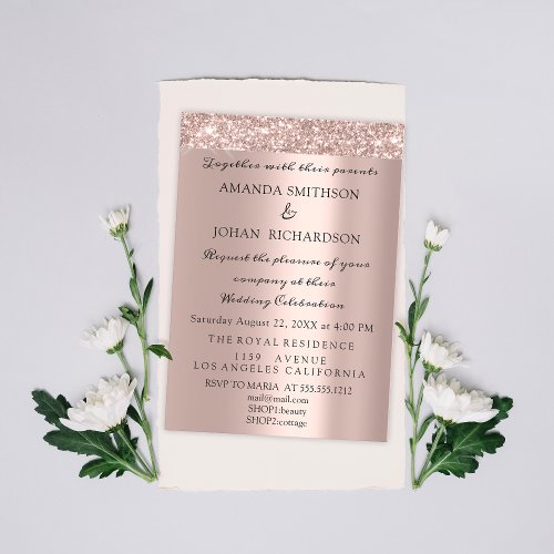 Sparkly Glitter Rose Gold Elegant Wedding Glitter Invitation