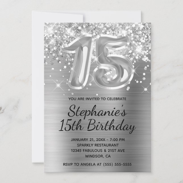 Sparkly Glitter Silver Balloon 15th Birthday Invitation (Front)