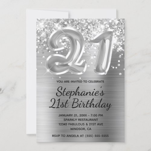 Sparkly Glitter Silver Balloon 21st Birthday Invitation