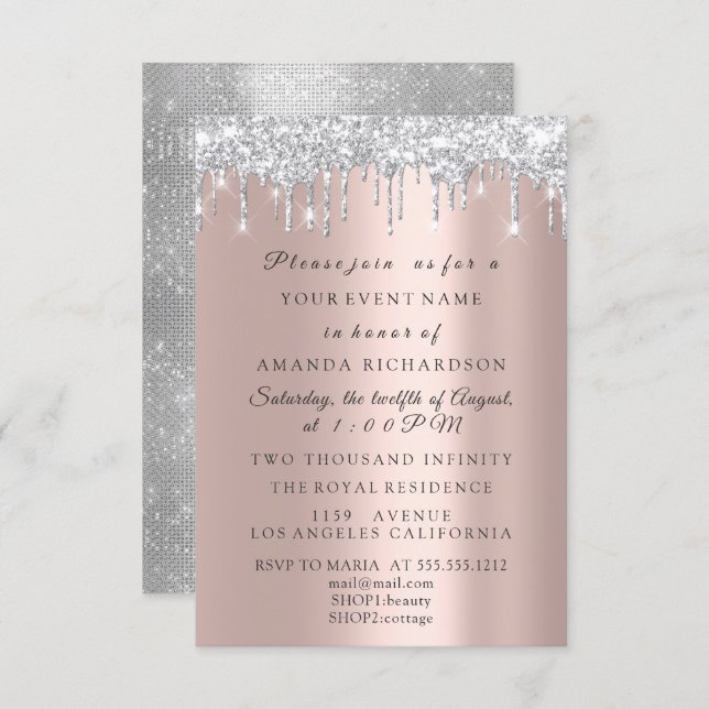 Sparkly Glitter Silver Gray Rose  Bridal Birthday Invitation (Front/Back)
