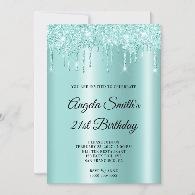 Sparkly Glittery Drips Light Teal Ombre Invitation (Front)