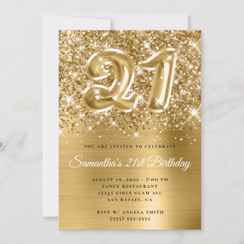 Sparkly Glittery Gold Balloon 21st Birthday Invitation