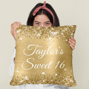 Sparkly Glittery Gold Foil Glam Sweet 16 Large Throw Pillow