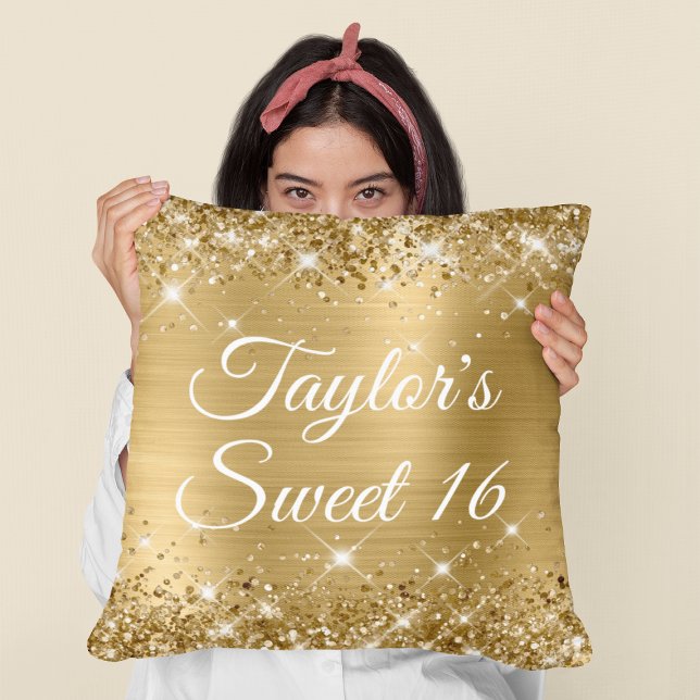 Sparkly Glittery Gold Foil Glam Sweet 16 Throw Pillow (Birthday Gift for Your Daughter)