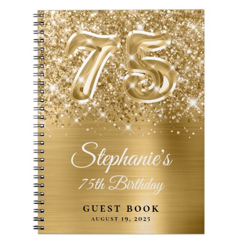 Sparkly Glittery Gold Glam 75th Birthday Guestbook Notebook