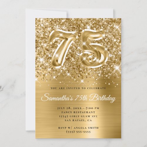 Sparkly Glittery Gold Glam 75th Birthday Invitation