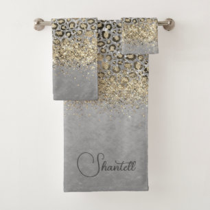 Sparkly Glittery Gold Leopard Personalized Bath Towel Set