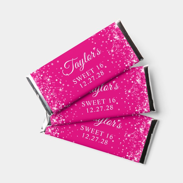 Sparkly Glittery Hot Pink Sweet 16 Hershey Bar Favors (Front)