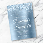 Sparkly Glittery Light Blue Foil Sweet 16 Invitation<br><div class="desc">Create your own stylish 16th birthday celebration invitation for your daughter. Decorative faux sparkly pale blue glitter graphics form a top border. The background digital art features a shiny light blue ombre style brushed metal foil. Customize the invitation white text color or font styles. The "Sweet 16" text is also...</div>