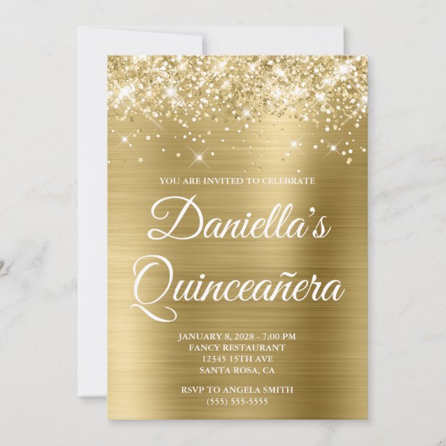 Sparkly Glittery Pale Gold Foil Quinceañera Invitation (Front)