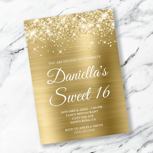 Sparkly Glittery Pale Gold Foil Sweet 16 Invitation